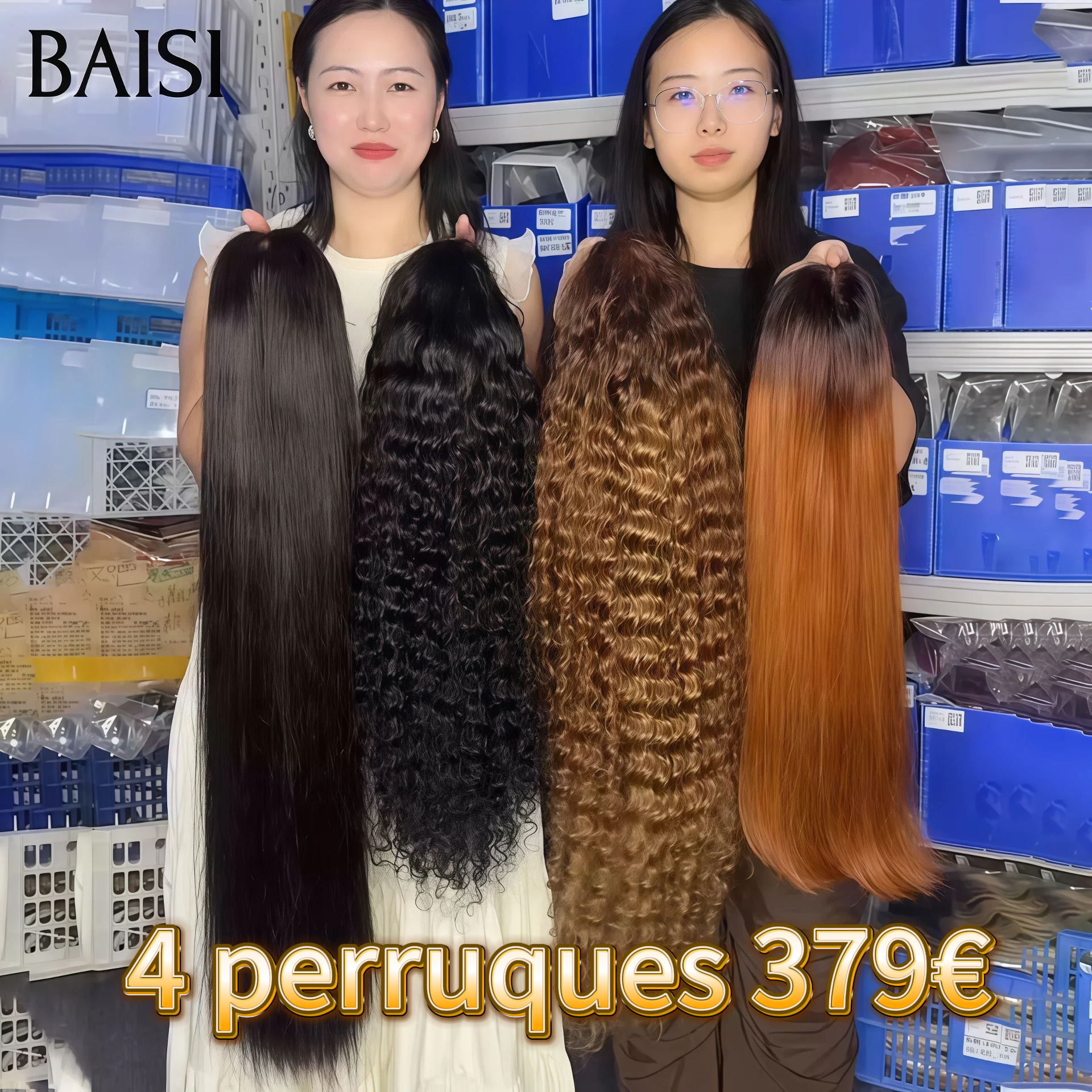 BAISI Lot de 4 perruques Flash Offer 379€ Ventes En Gros 4 styles de perruques différents et Différentes couleurs 13X4 lace frontal 24 Pouces NOIR et 2x6 closure 12 Pouces 1BT30# et lace frontal deep wave 4T30# en 100% vrais cheveux humains