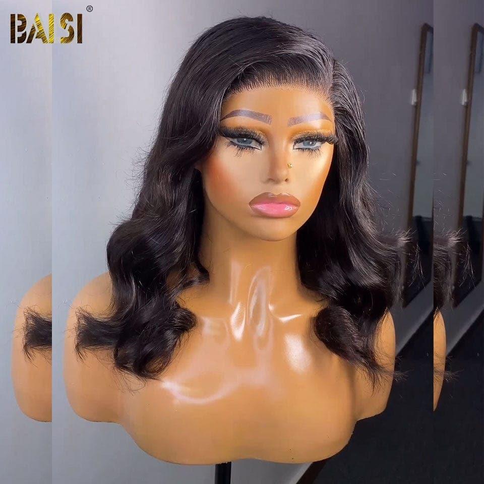 BAISI 4x4 Bob Body Wave Wig in Black Glueless Lace Front Cut Easy to Wear 100% Human Hair