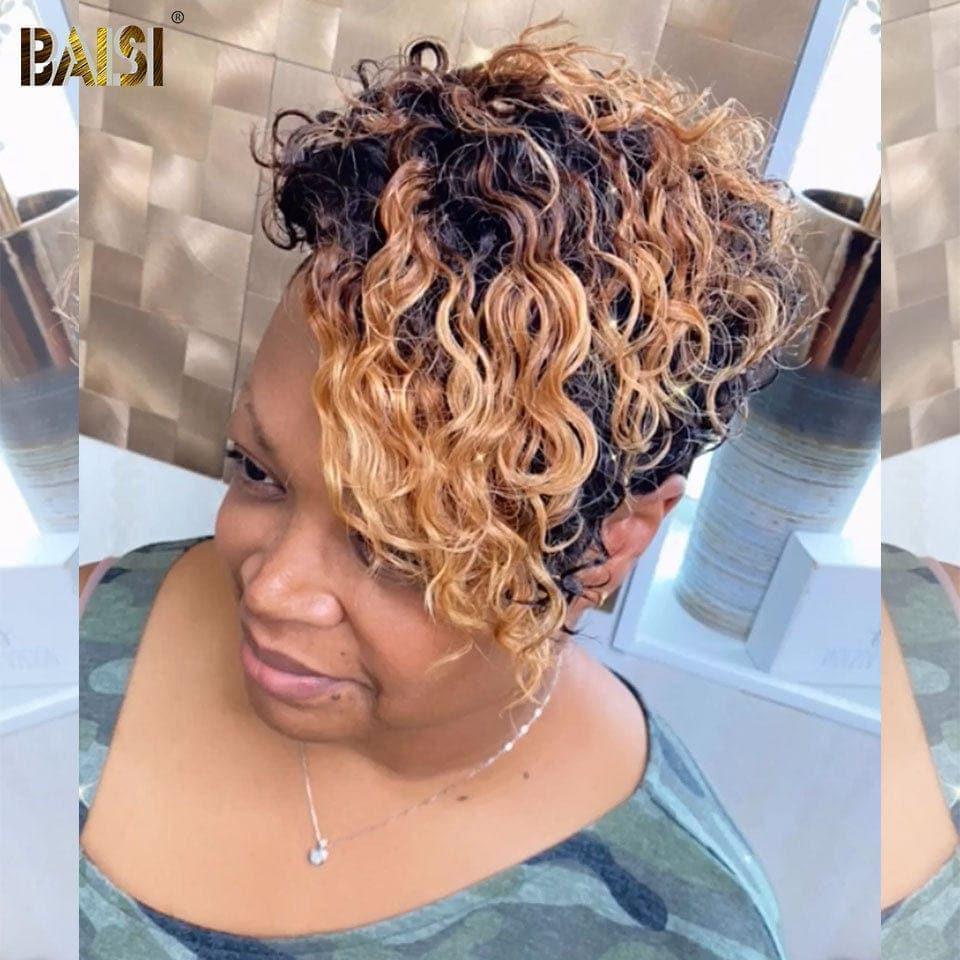BAISI 13X4 Perruque pixie Vague curly En Couleur Noir et Miel 89€ en 100% Cheveux Humains
