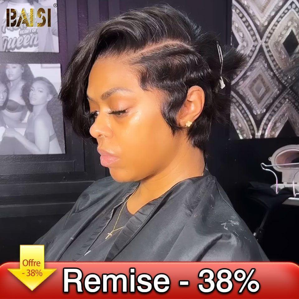 BAISI Perruque pixie Vague bouclette 5X5 En Couleur Noir en 100% Cheveux Humains FR38