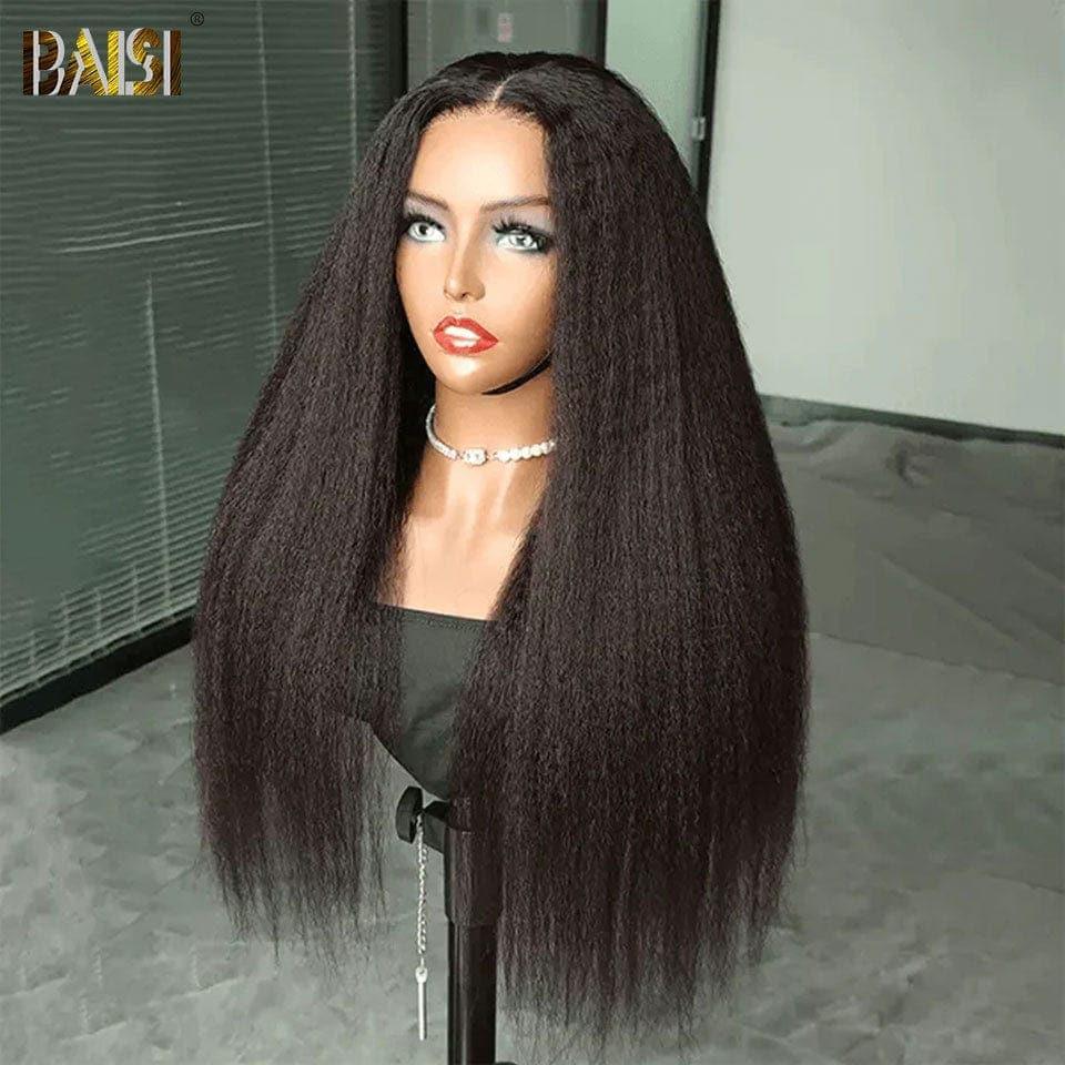 BAISI 4x4 Peruca Kinky Straight Pré-despontada, Sem Necessidade de Cola, 100% Cabelo Humano Virgem, Lace já Cortada