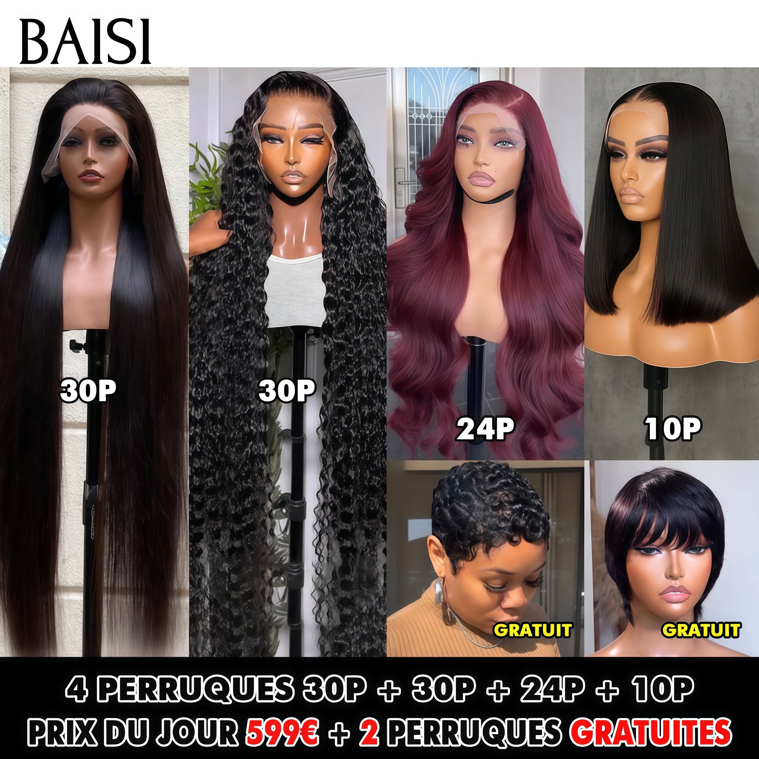 BAISI Vendita All'Ingrosso 4 Lace Frontal Parrucche 599€ più 2 parrucche gratuite in 100% Capelli Umani VIP100