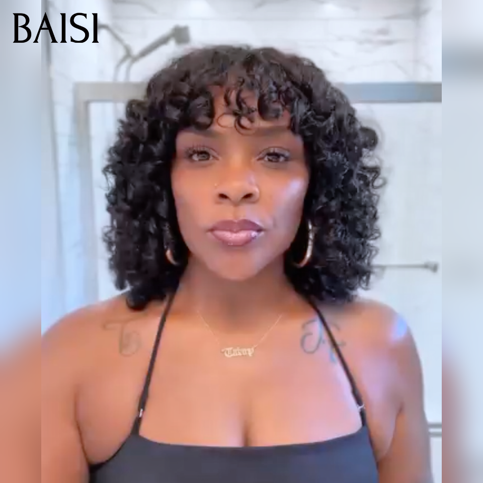 BAISI perruque water wave 12 pouces 1B# noir sans lace avec frange Prêt-à-porter 79€ en 100% cheveux humains