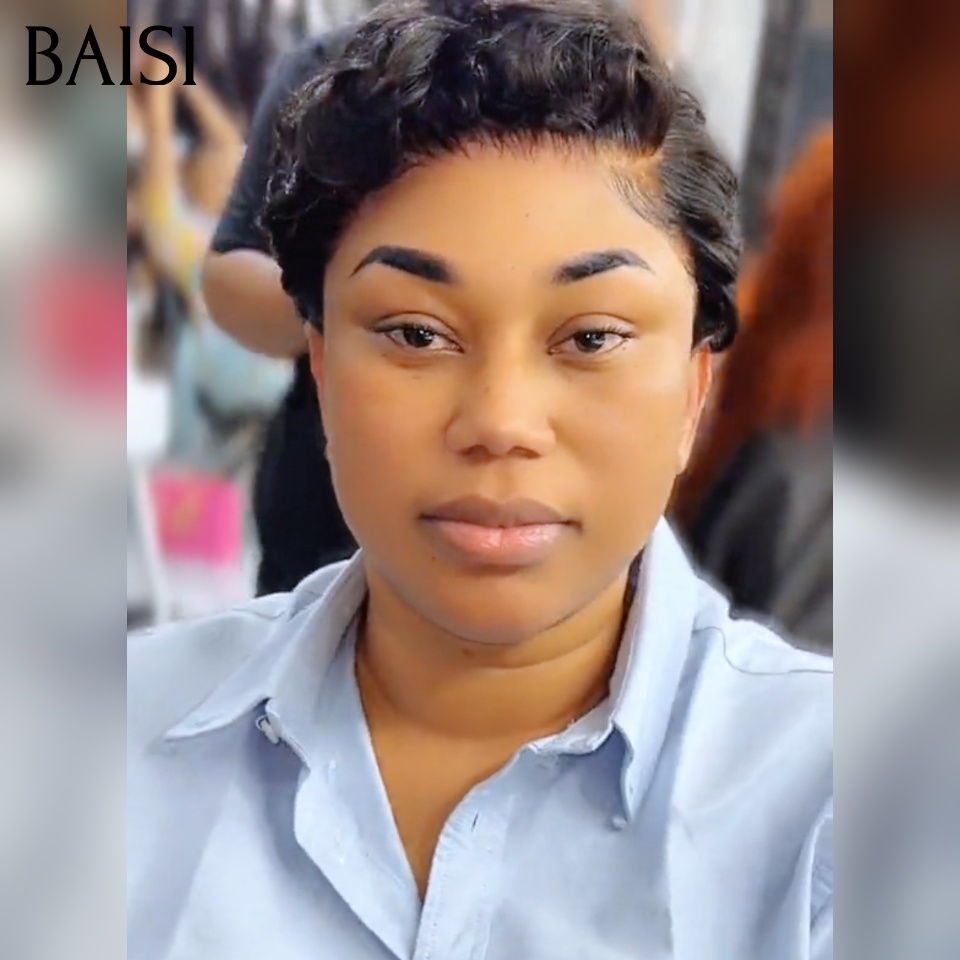 BAISI Wear Perruque Prêt-à-porter 59€ pixie de la couronne Promotion en naturelle couleur en 100% Cheveux Humains