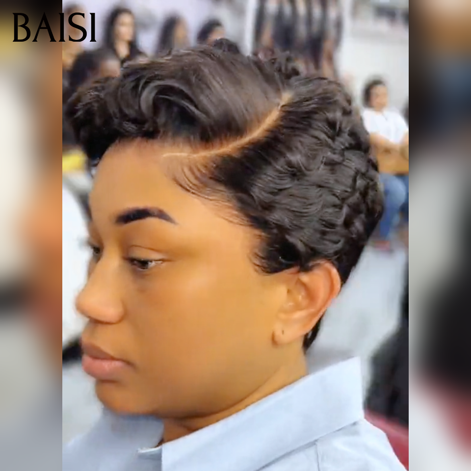 BAISI Wear Perruque Prêt-à-porter 59€ pixie de la couronne Promotion en naturelle couleur en 100% Cheveux Humains