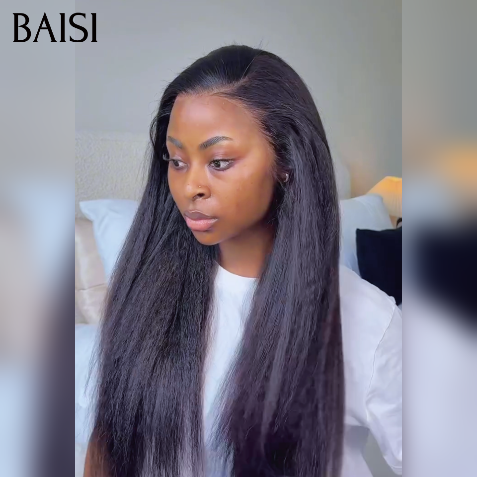 BAISI Perruques Lace Frontale kinky straight Sans Colle lace déjà coupée en NOIR en 100% vrais cheveux humains hair