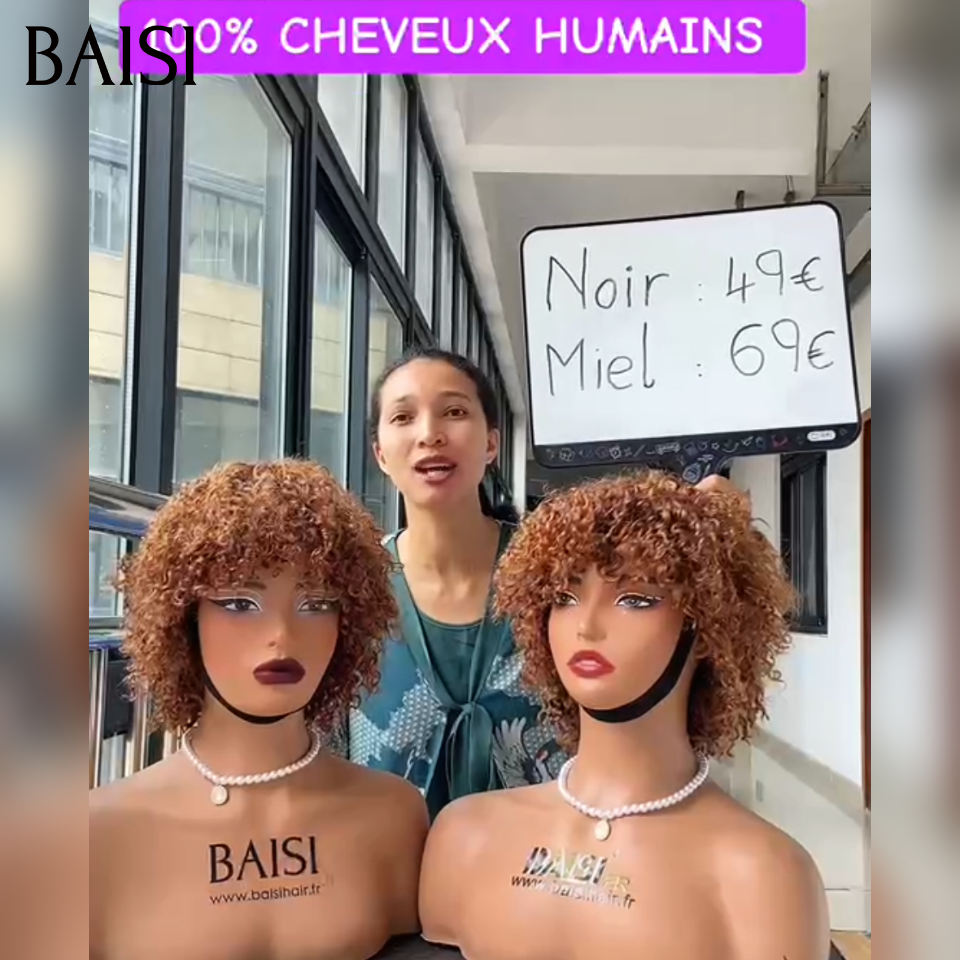 BAISI perruque pixie Curly sans colle Noir 49€ ou afro curl 8 Pouces 48€ en noir Moitié Prix en 100% vrais cheveux humains MP50