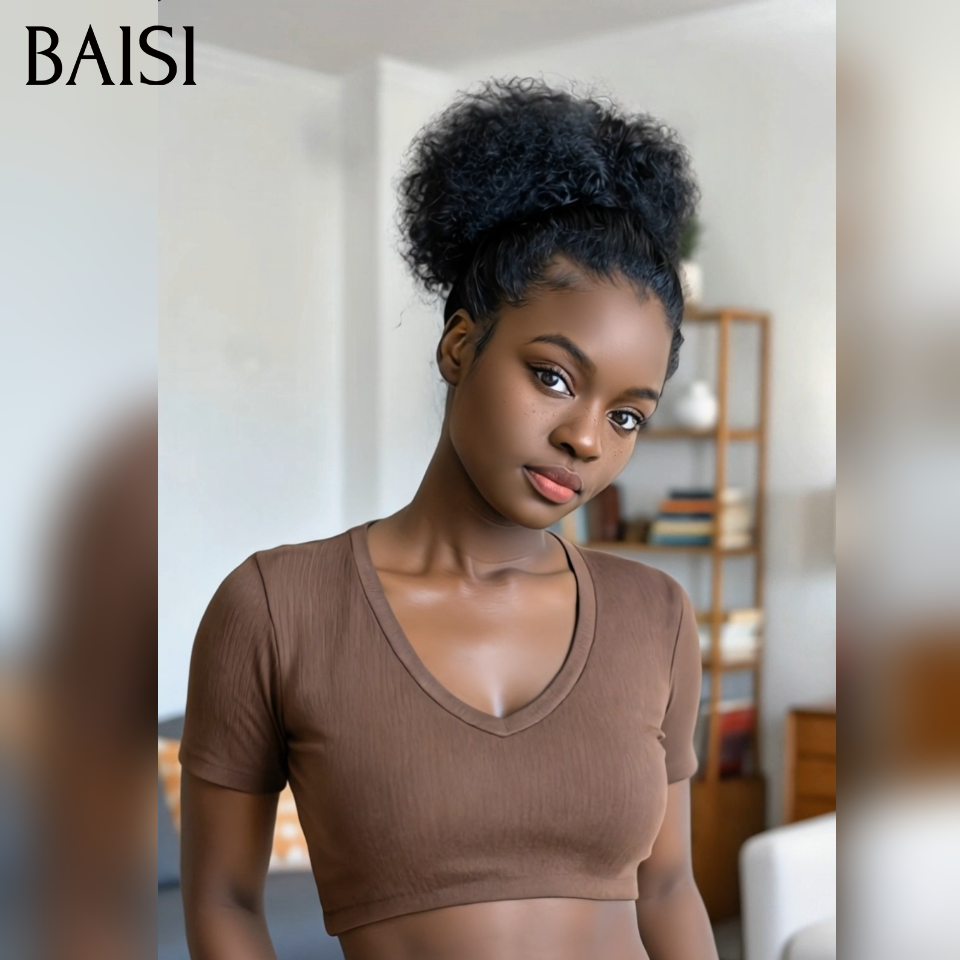 BAISI perruque en chignon bun afro 18 pouce Coiffure identique 119€ NOIR en 100% Cheveux Humains