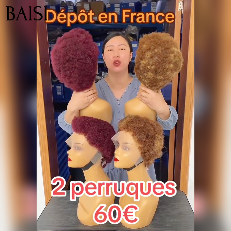 BAISI 2 perruques 13X4 lace frontale Afro 60€ sans Colle 99J#Bordeaux et 4-27# machine perruques depot en france