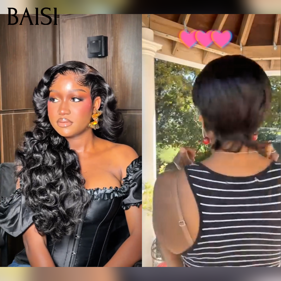 BAISI 2 Perruques 1 Longue + 1 Courte = 135€ Livraison 48H 13x4 lace frontale body wave 20 pouces et Pixie lisse perruques 100% vrais cheveux humians