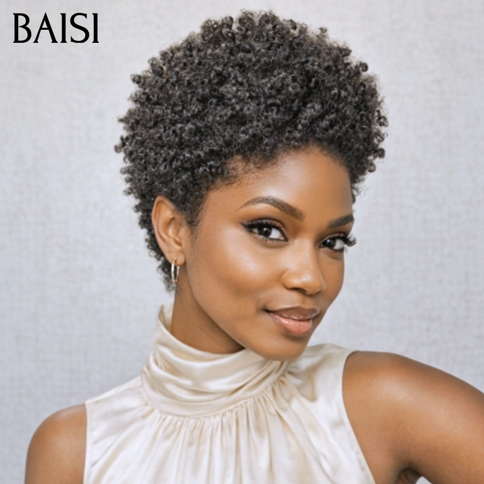 BAISI pixie afro curly perruque PROMO 40€ sans colle Sans lace NOIR en 100% Cheveux Humains