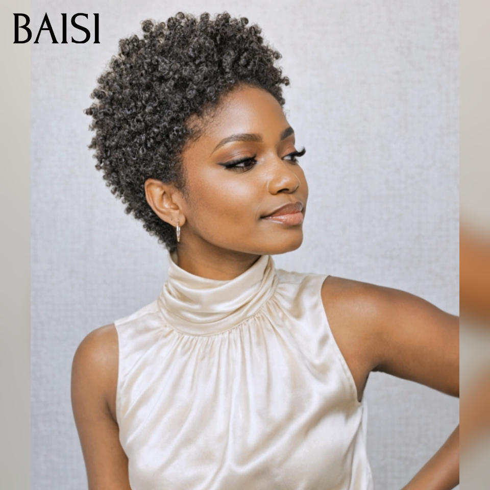 BAISI pixie afro curly perruque PROMO 40€ sans colle Sans lace NOIR en 100% Cheveux Humains