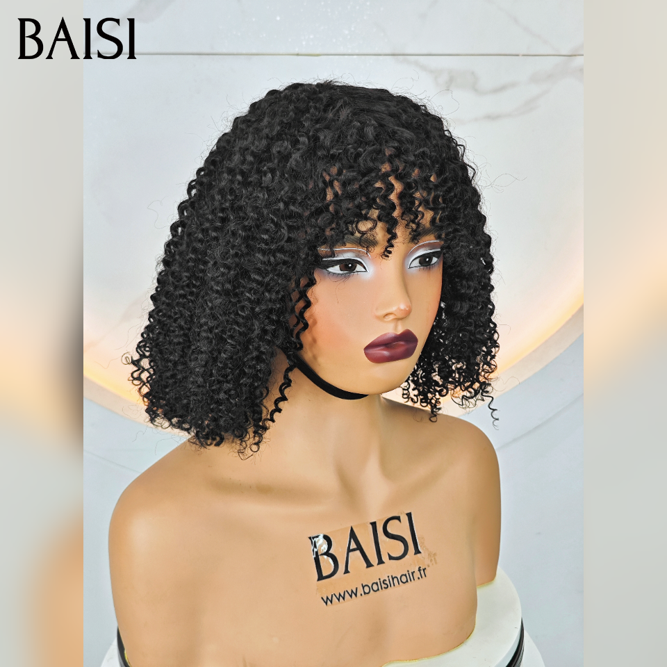 BAISI Perruque BOB curly Wave avec Frange petite coupe fabriqué à la machine 10 Pouce promo 70€ En 100% Cheveux Humains