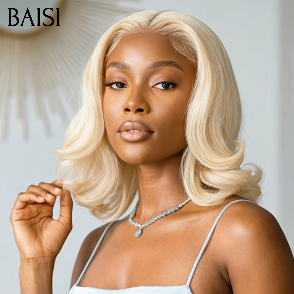 BAISI 13x4 lace frontal Perruque Bouclée Egg Wave 100€ 12 Pouces en couleur blonde 613# En 100% Cheveux Humains