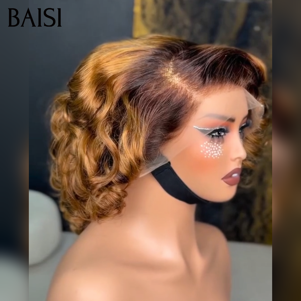 Promotion 13x4 lace frontal Perruque boucle egg wave 10 Pouce 68€ BOB en couleur Marron 4T30# en 100% Cheveux Humains