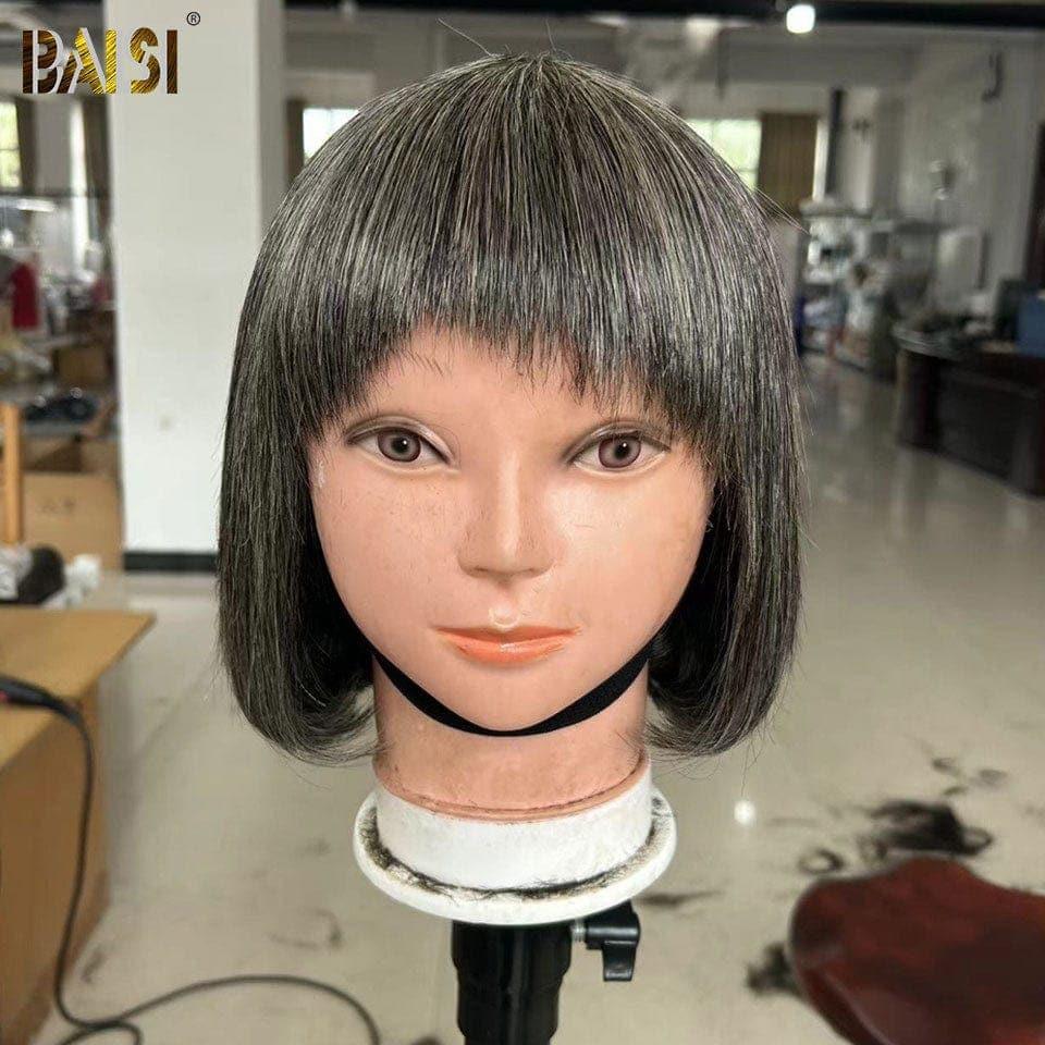 BAISI Collection Salt-and-Pepper Wig with Bangs Fashion Cut Mixed Gray Colors 8 inch 200%