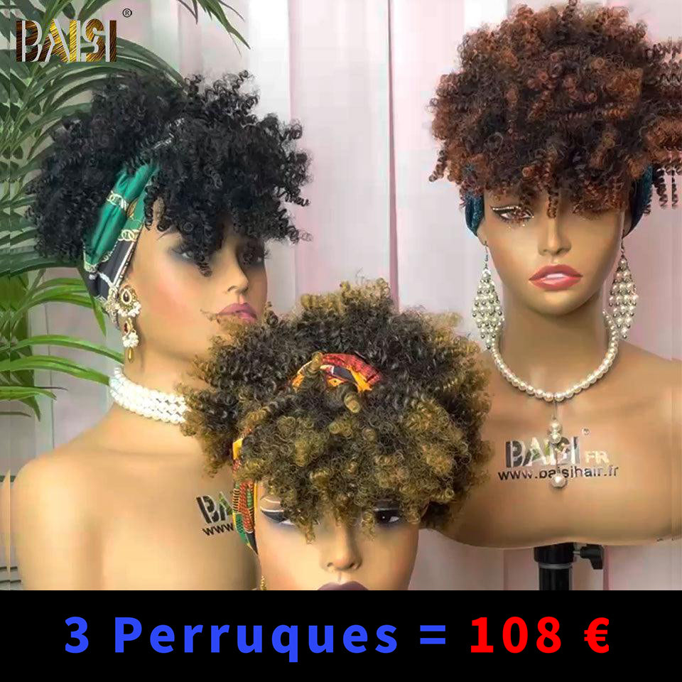 BAISI Lot De 3 Perruques 108€ prix Abordable Bandeau Synthétique Kinky Curly En Couleur sans colle sans lace facile à porter cheveux Synthetique