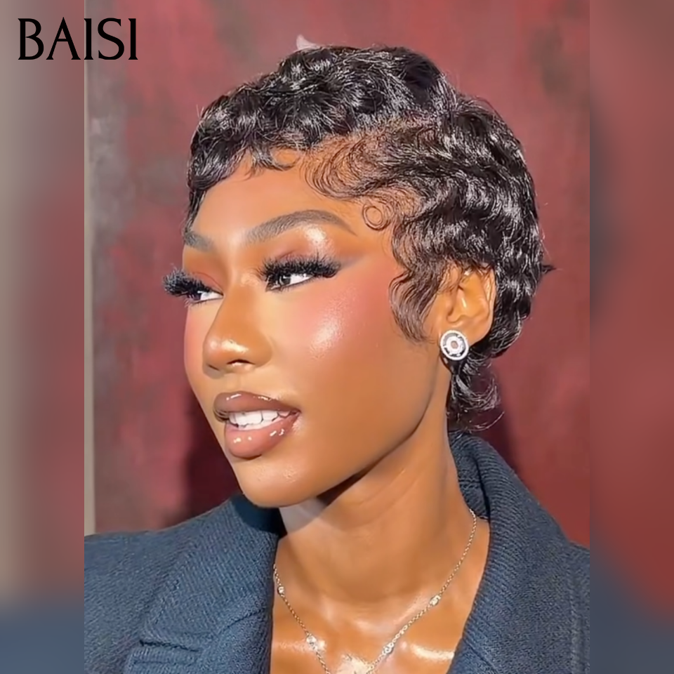 BAISI Parrucca Pixie Finger Wave taglio corto 13x4 Frangia in pizzo 6 pollici 79€ In 100% Capelli Umani