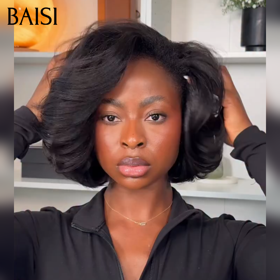 BAISI 13x4 Lace Frontal Perruque Bob Kinky Straight Pré-plucked Pas Besoin de Colle en 100% Raw Hair Lace déjà couper