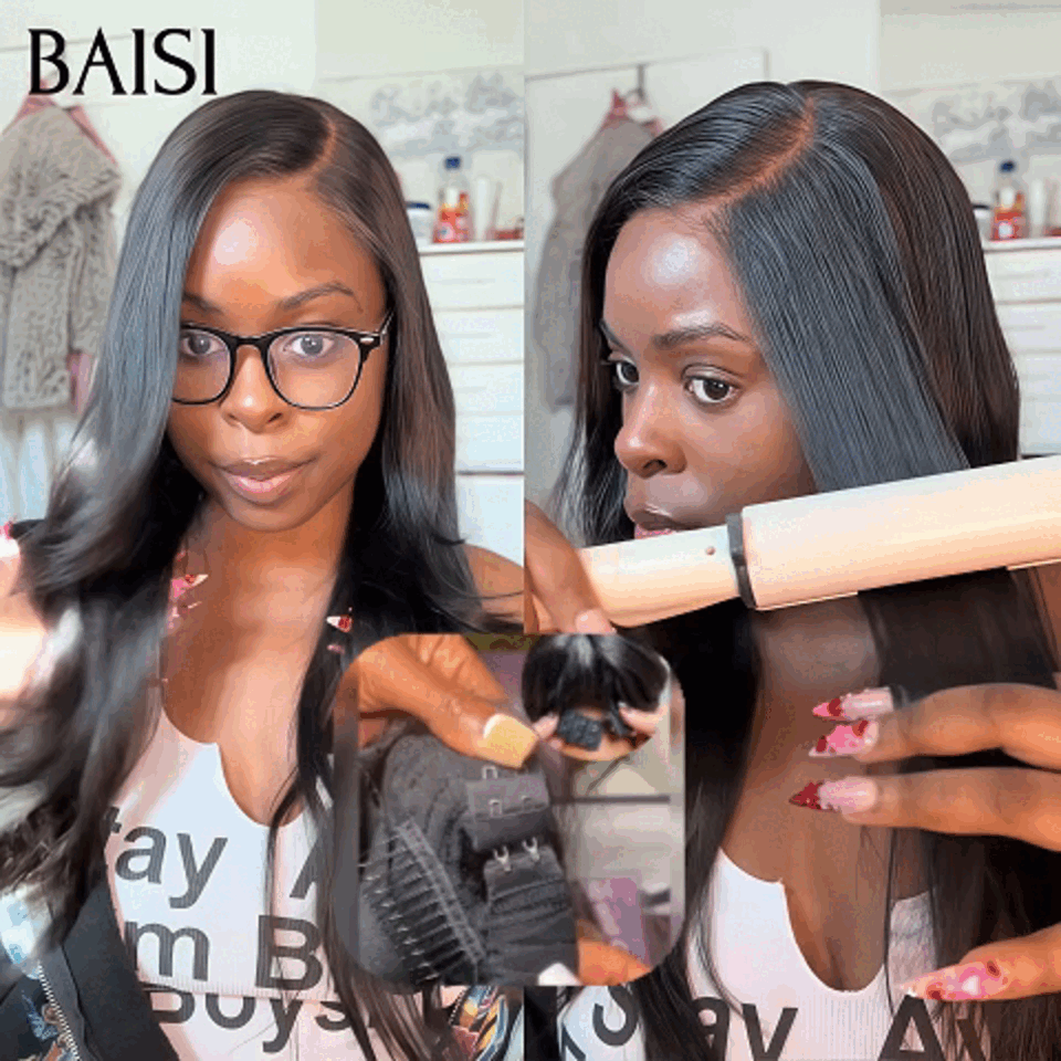 BAISI 13x6 Frontal Straight Pre-Plucked Wig No Glue Needed in 100% Raw Hair Lace Already Cut B