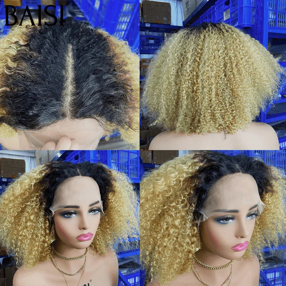BAISI Egg Wave Sans Colle 86€ ou T part perruque Bob Afro Curl 12 Pouce Miel et noir 1BT27# moitié prix en 100% cheveux humains
