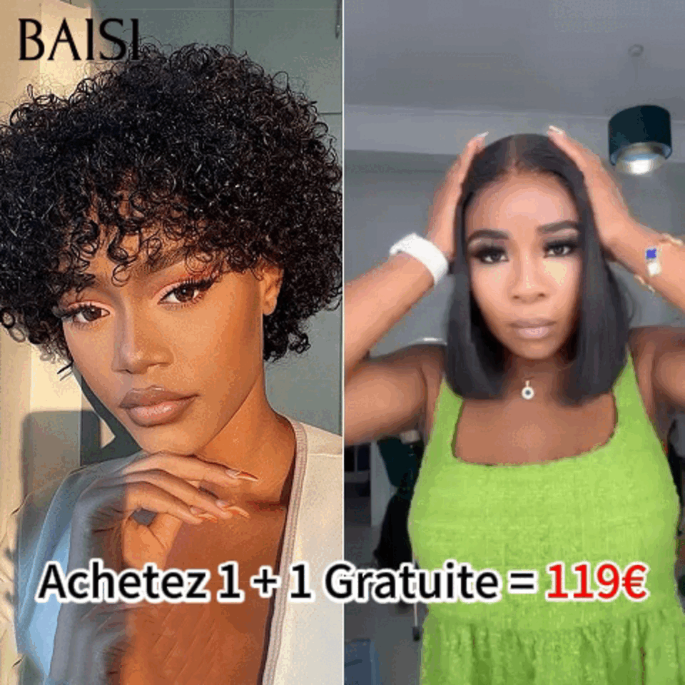 BAISI Achetez 1 + 1 Gratuite = 119€ sans Colle pixie curly wave et 13X4 Lisse 12 Pouces en 100% Cheveux Humains BS60