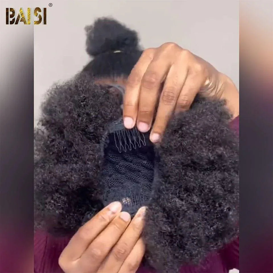 BAISI mezza parrucca coda di cavallo extension chignon 12 pollici € 109 in colore nero KINKY AFRO in capelli umani al 100% BS120