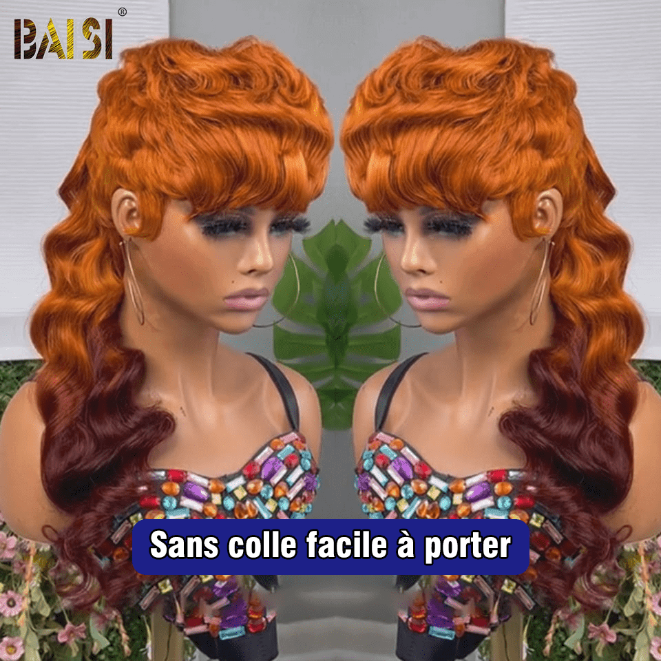 BAISI Top Modelo Peruca MULLET em estilo #350 com madeixas borgonha, 100% cabelo humano, fabricada com cabelo double drawn e madeixas virgens, de cima a baixo, mesmo tamanho e mesmo volume, mais de 20 anos de utilização