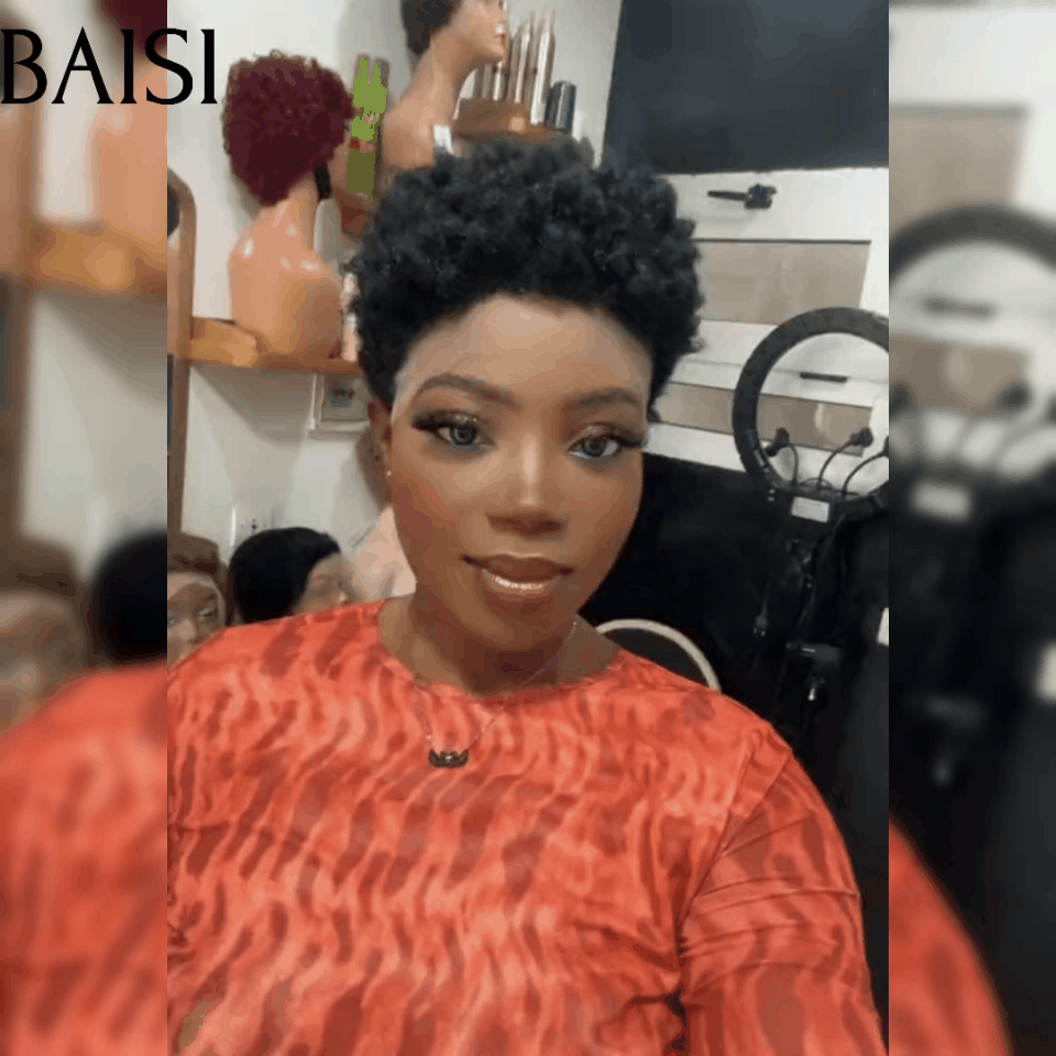 BAISI Offre Flash Perruque Pixie Afro Curl 13x4 lace frontal bouclé partout Noir en 100% cheveux humains F-905