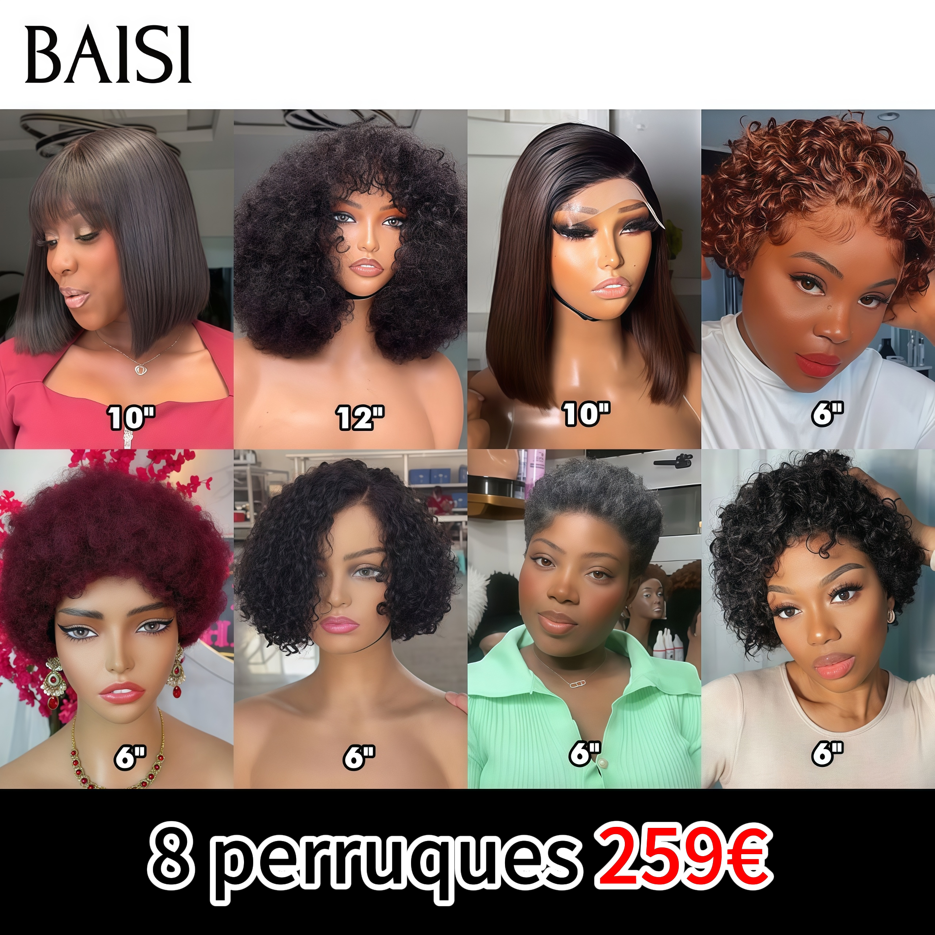 BAISI 1 Marron 99€ + 1 Noir 0€ 4x4 Lace Lisse 10 Pouces 1BT4# et blended human hair 20 Pouces ou 8 perruques Bob à moitié prix 259€ en France en 100% cheveux humains soldes sans retour