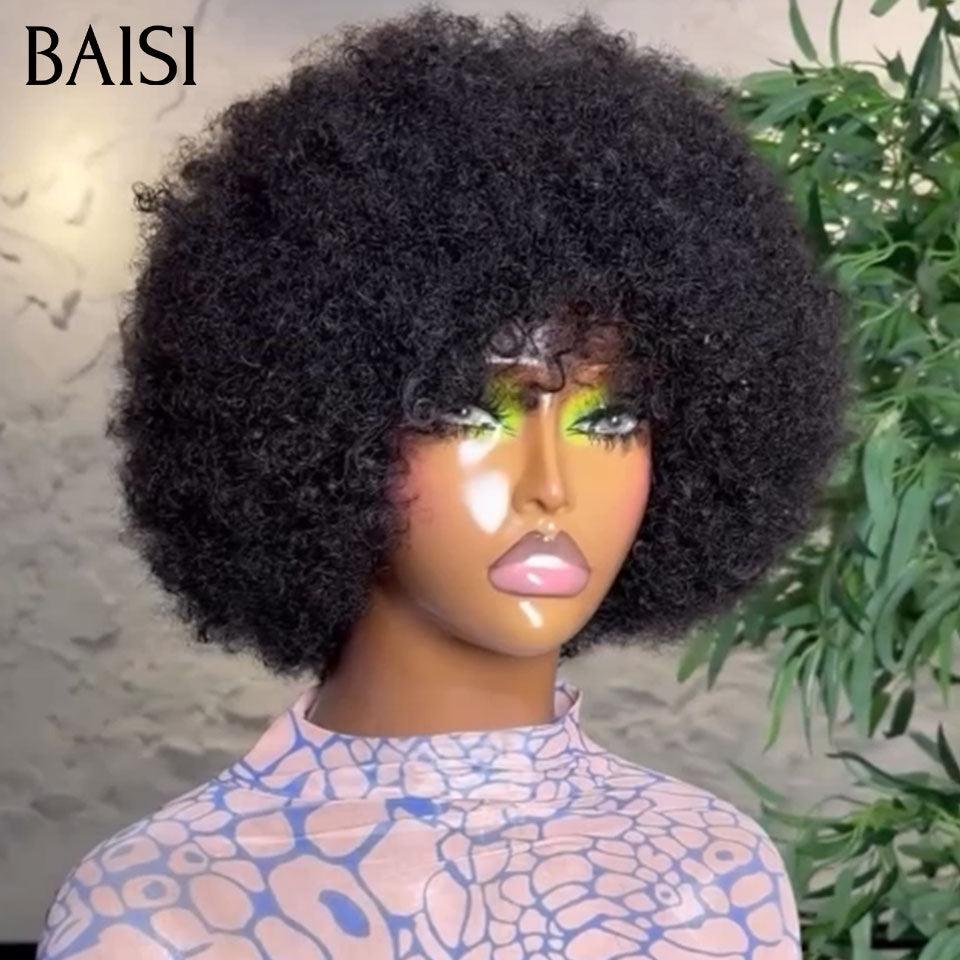 BAISI pixie afro curly 58€ noir sans lace sans colle en 100% Cheveux Humains fabriqué à la machine FR38