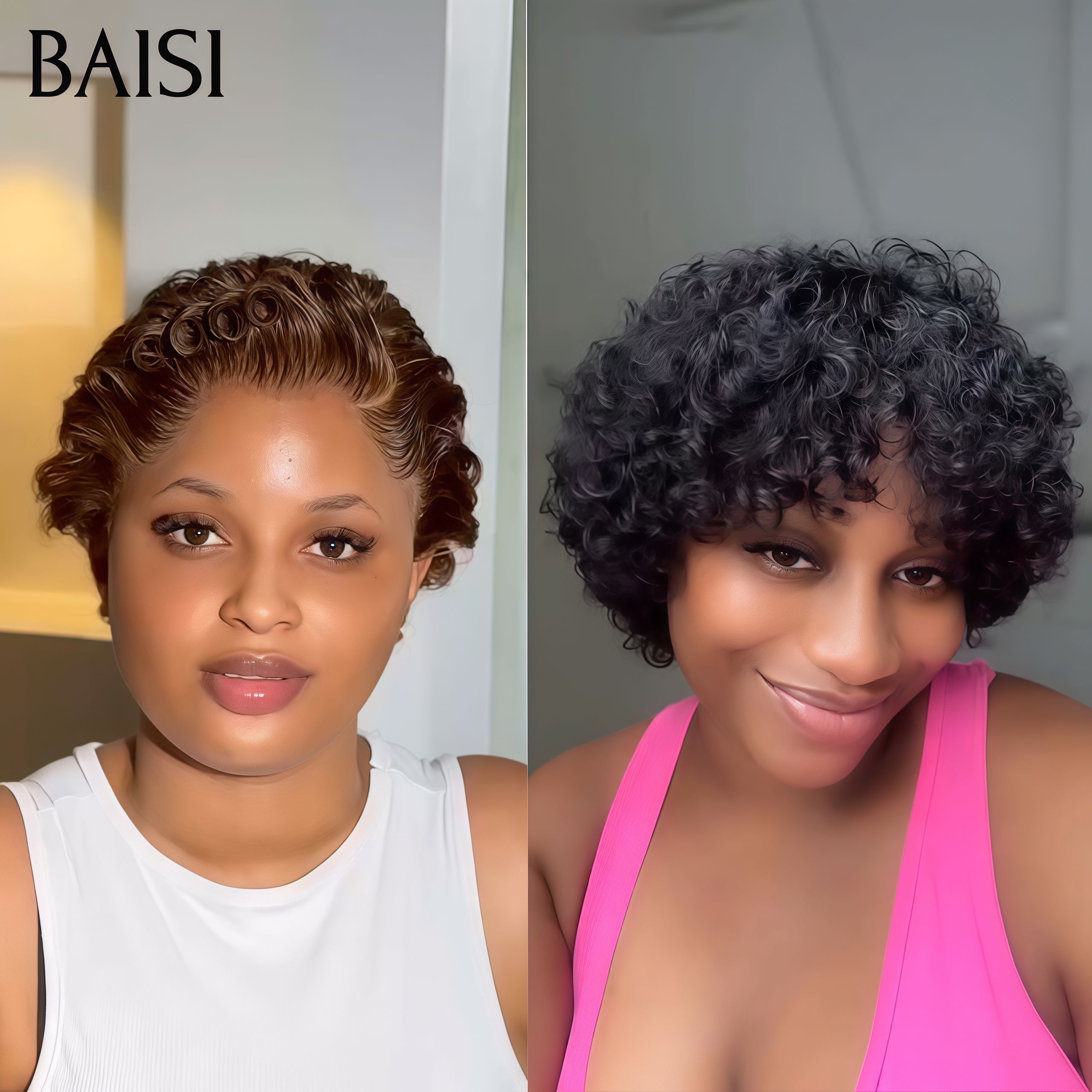 BAISI PROMOTION 69€ 2 perruques pixie 13X4 lace frontal Marron et sans Colle NOIR Moitié Prix 100% vrais cheveux humains
