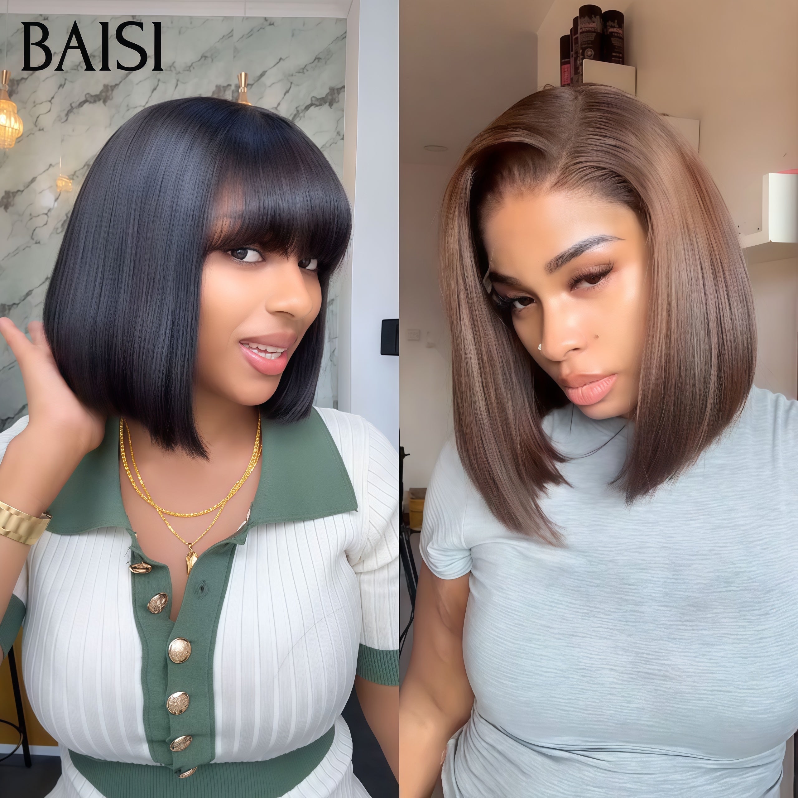 BAISI Lot de 2 perruques Flash Offer PROMOTION 125€ Lisse Marron et cu 2x4 Lisse Bob avec Frange 8 Pouces 100% vrais cheveux humains