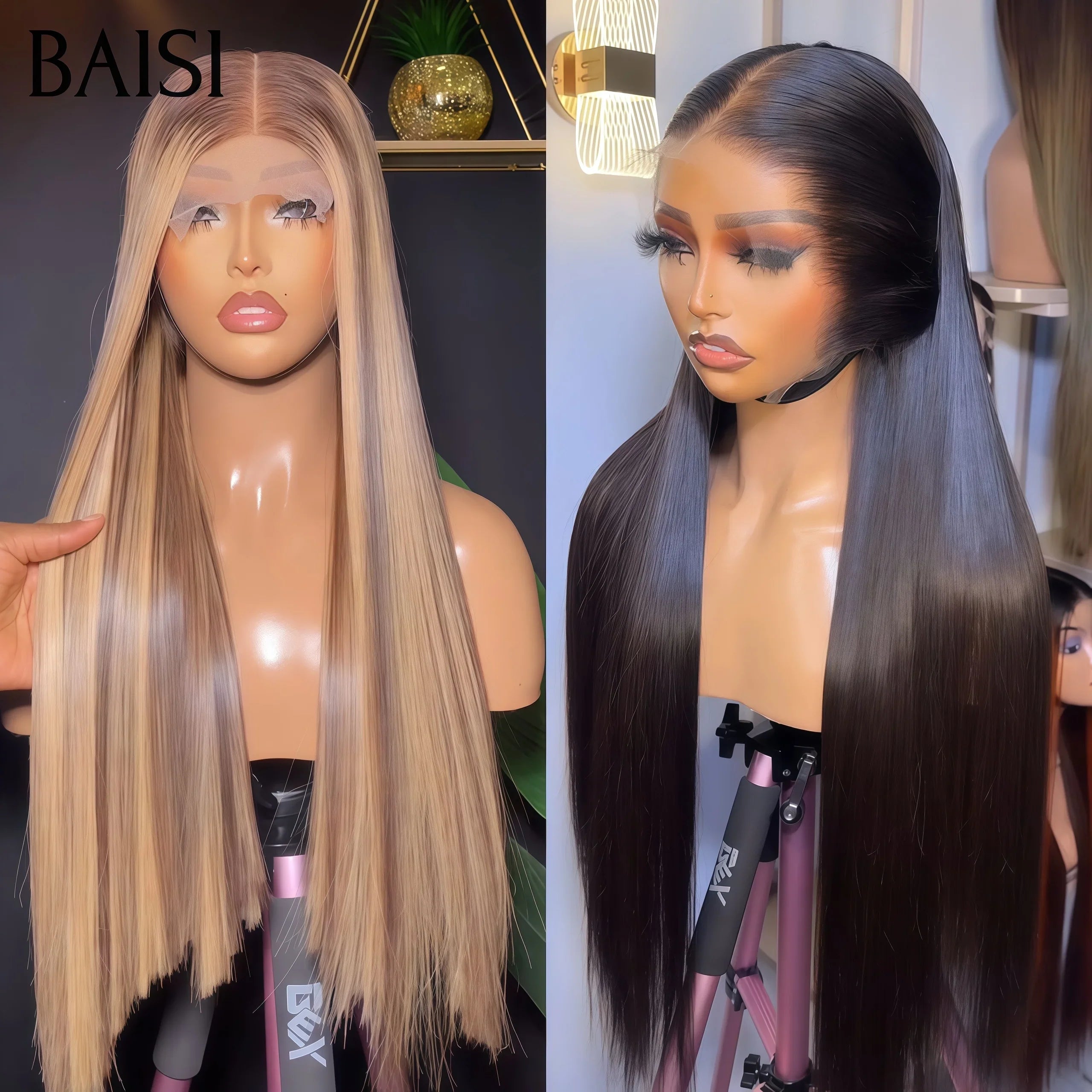 BAISI Achetez 1 + 1 Gratuite = 229€ 13X4 lace frontal 24 Pouces Lisse en couleur NOIR et Marron Mixte Miel En 100% Cheveux Humains