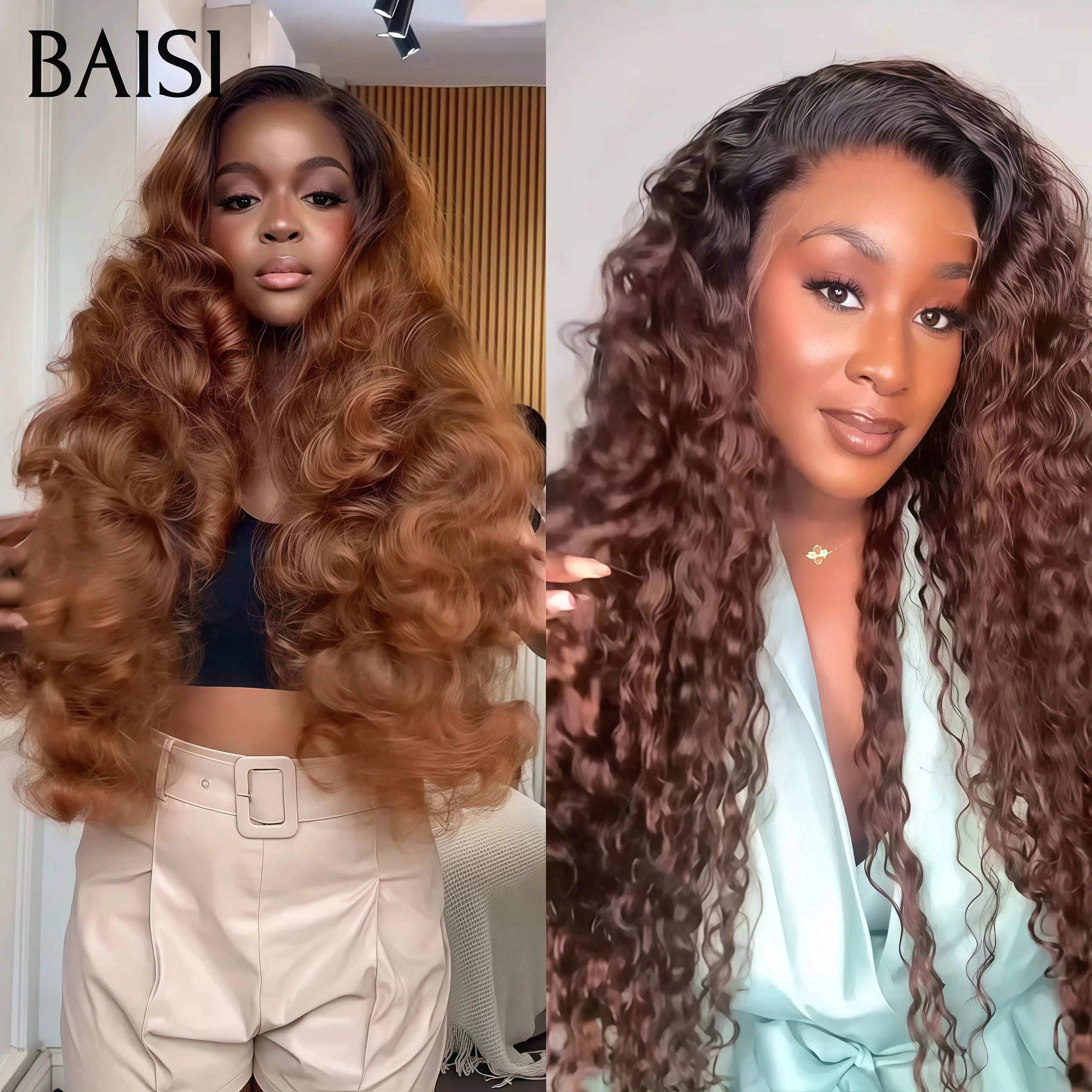 BAISI 2 Perruques pour revendre 309€ 13X4 lace frontal Body wave et curly wave 28 pouces couleur Marron avec racine noir 1BT4# 200% densité en 100% vrais cheveux humains