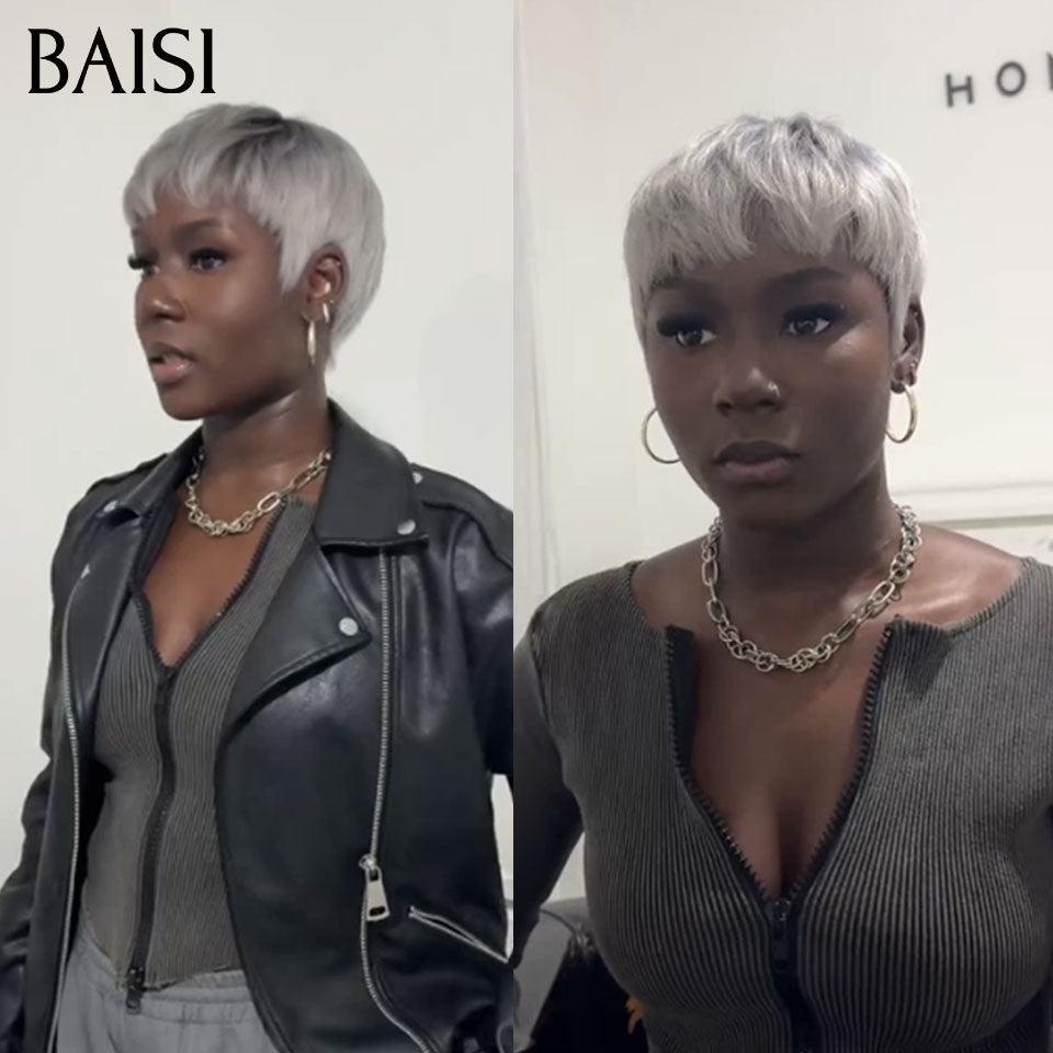 BAISI Perruque Pixie lisse petite coupe fabriqué à la machine moitié prix NOIR 52€ ou 109€ en couleur 1B/Gris En 100% Cheveux Humains MP50