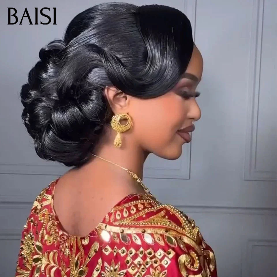 BAISI Coiffure de luxe Clara Perruques Mariage noir Prête à porter chignon et personalisation comme sur la vidéo 100% identique avec lace frontale événement spécial FR40