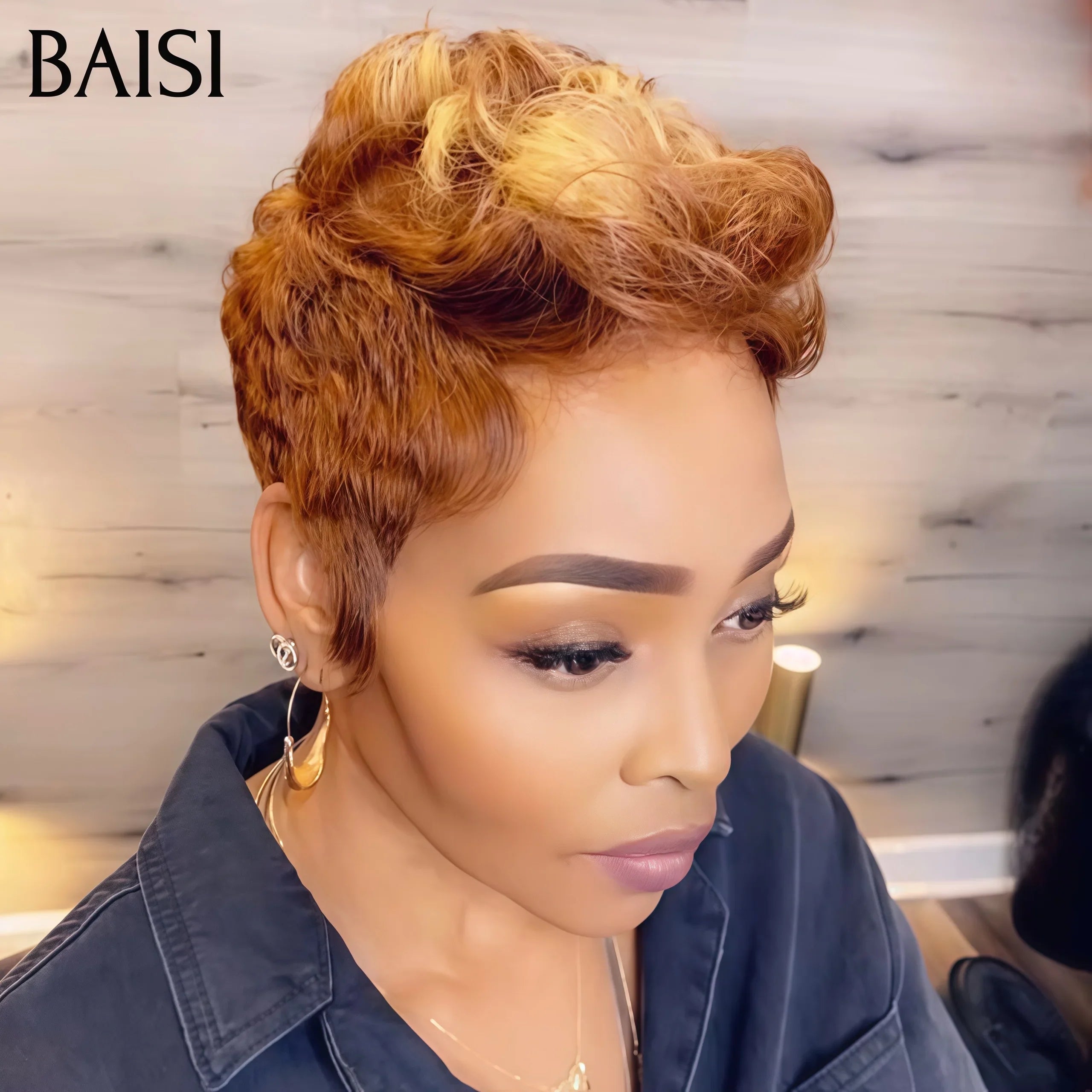 BAISI 13X4 lace Perruque Pixie vague Coiffure en Couleurs personnalisées orange 6 Pouces Naturelle wave 109€ en 100% Cheveux Humains BS60