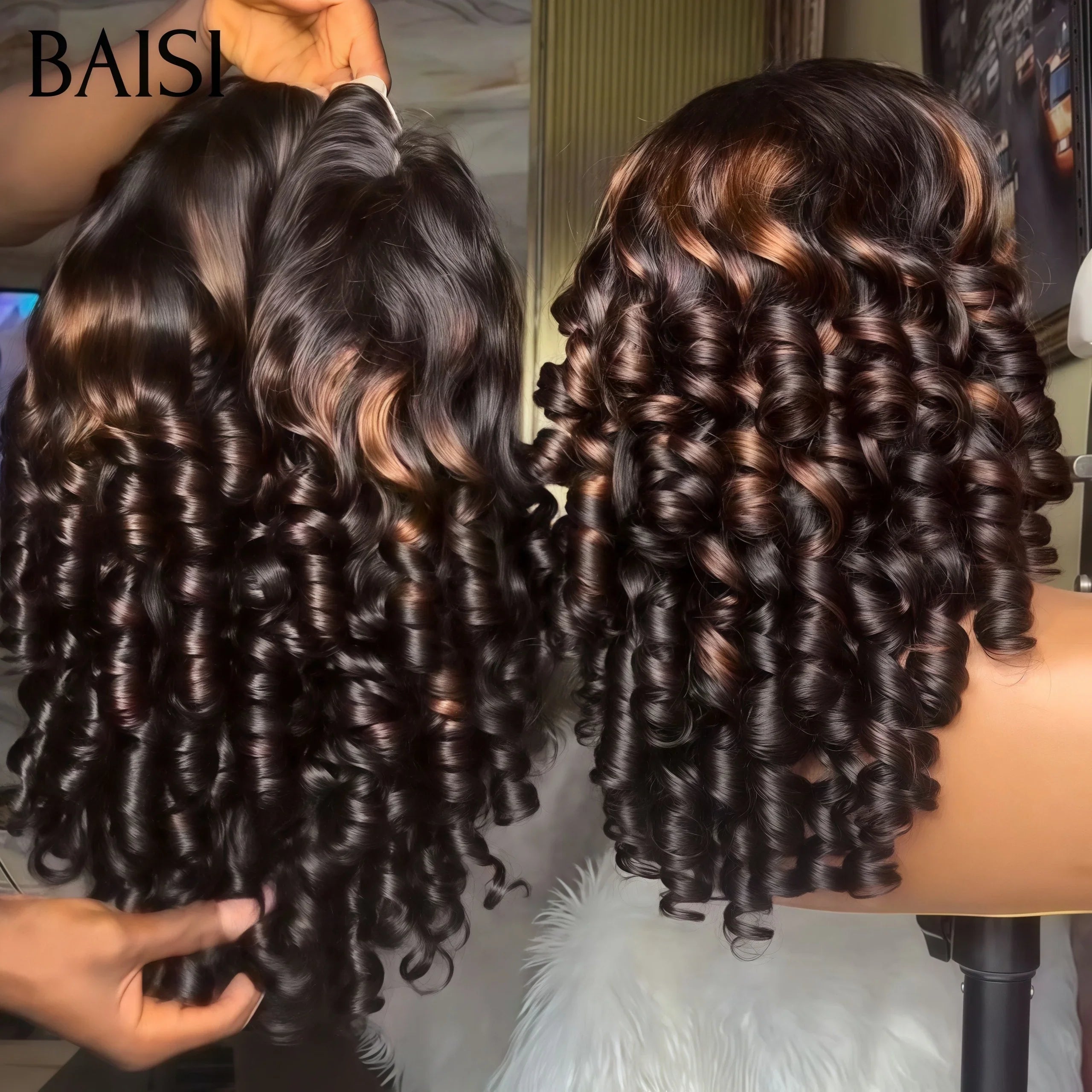 BAISI Perruque lace closure Bouclée loose Wave en Couleurs NOIR Mixte brun 1B#30# en 100% Cheveux Humains BS65