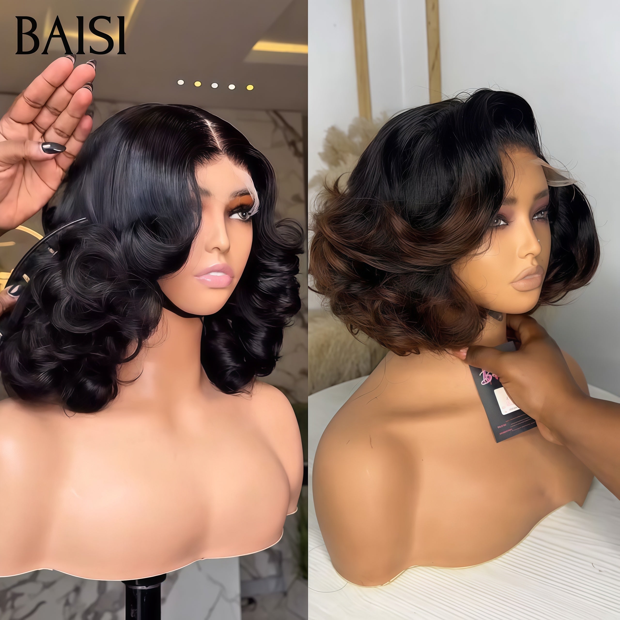 BAISI venda flash 2 perucas 169€ 5x5 closure lace egg wave PRETO e Castanho 1B4# em 100% cabelo humano verdadeiro FR38