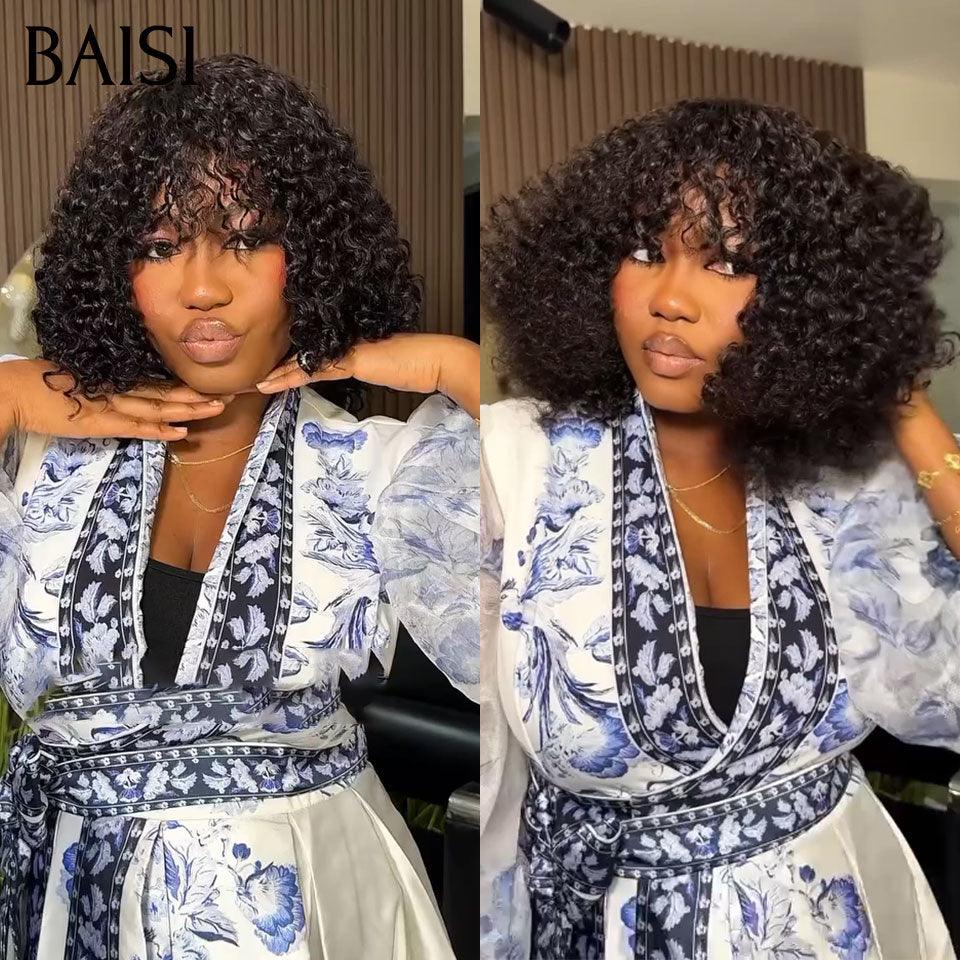 BAISI Offre Flash 80€ Perruque Bob curly wave avec Frange 12 pouces moitié prix en Noir Sans Lace en 100% Cheveux Humains MP50