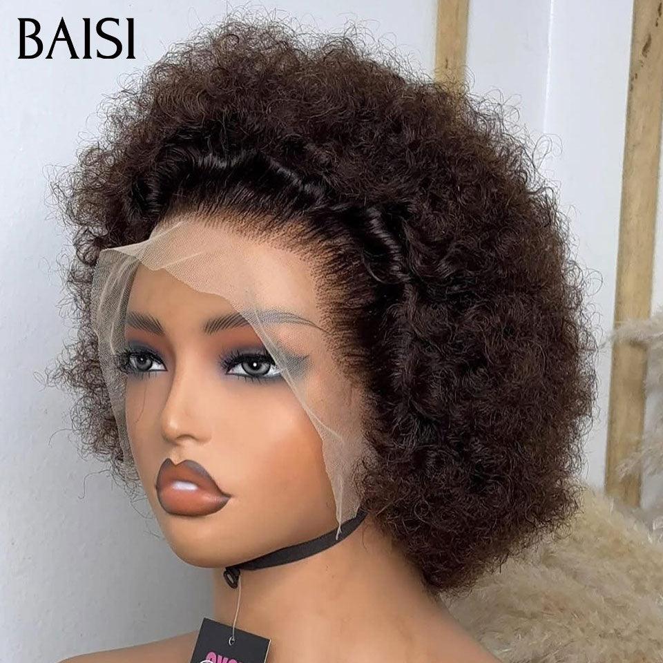 BAISI 13X4 Pizzo Parrucche Grande Promo arrivo pixie corte afro riccia Marrone #4 100% Capelli Umani