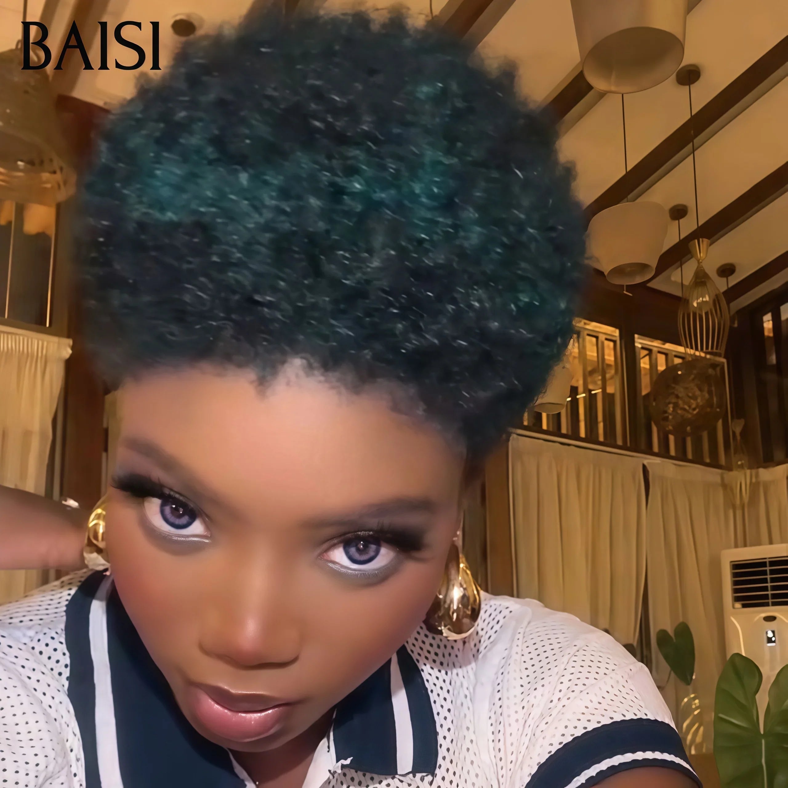 BAISI Pixie Afro Curl Wig 13x4 lace frontal curly all over Black in 100% human hair F-905