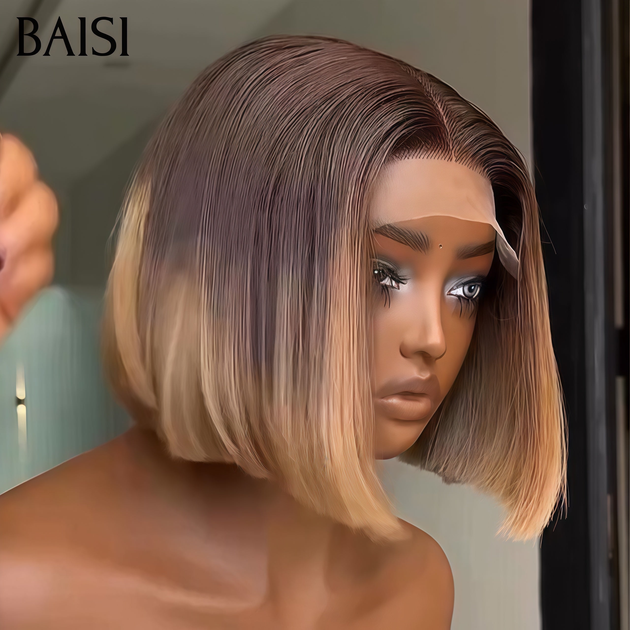 BAISI 13x4 lace frontal Perruque Bob lisse 10 Pouces 75€ Couleurs personnalisées Miel avec racine Marron en 100% Cheveux Humains
