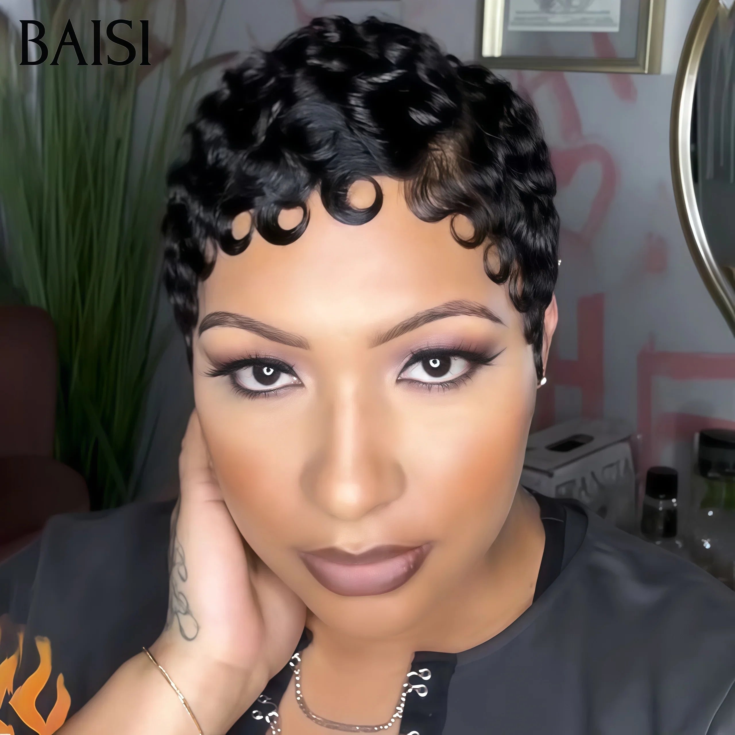 BAISI Peruca Pixie Finger Wave, corte curto, sem Lace 39€ Penteado Peruca Full Lace em 100% Cabelo Humano B