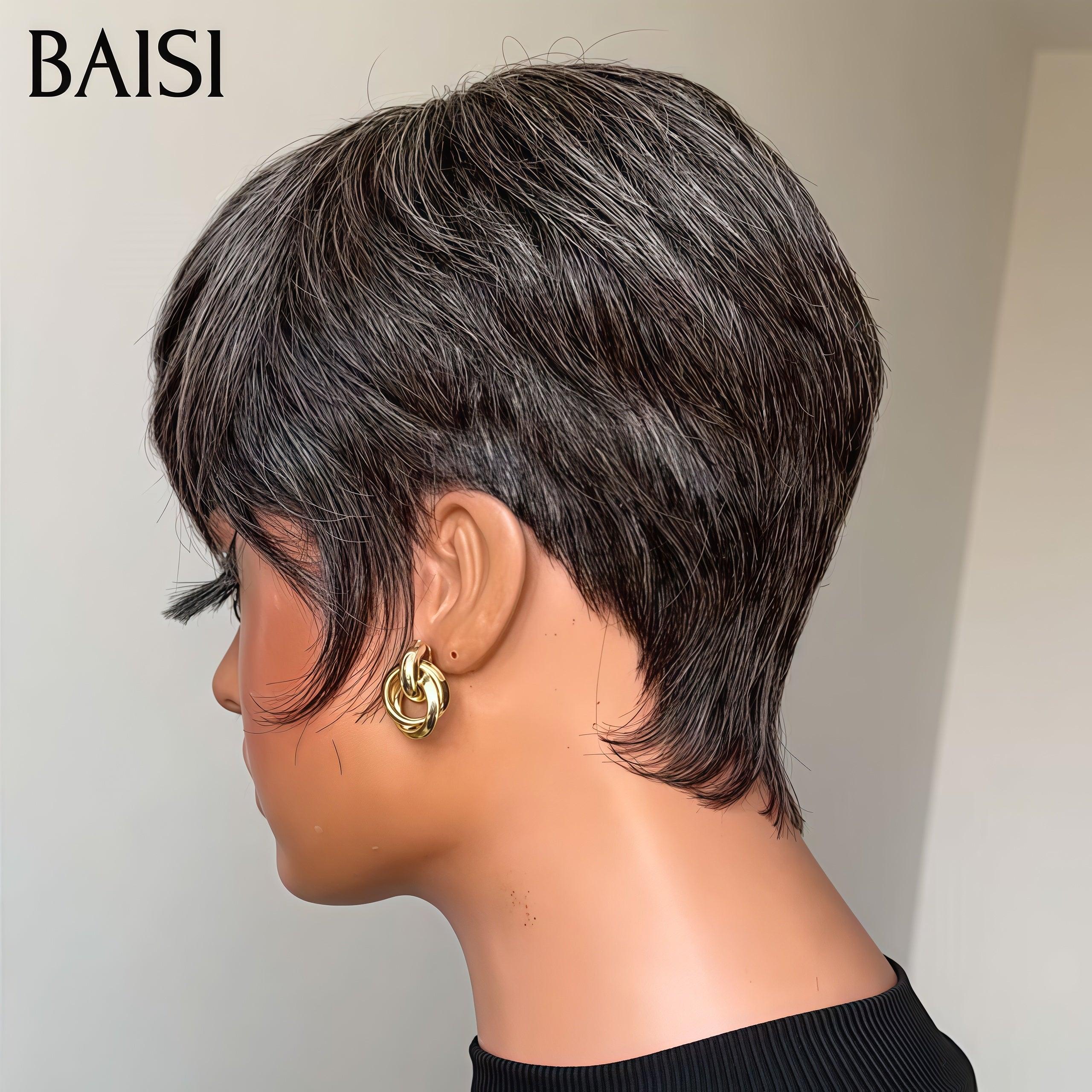 BAISI Collection Poivre et Sel Perruque 58€ pixie sans lace Lisse en couleur Gris Fabriqué à la Machine en 100% Cheveux humains