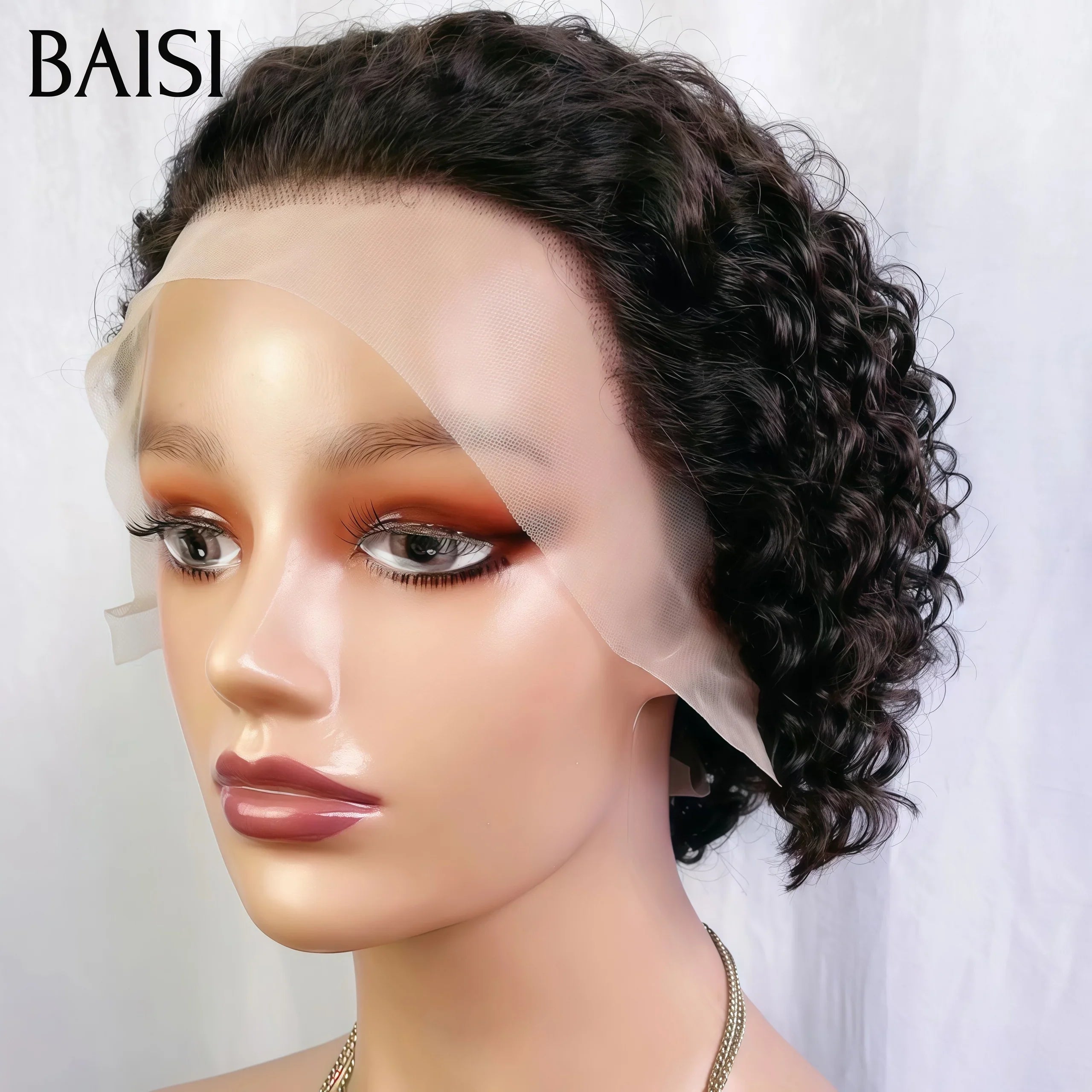 BAISI 13X4 lace frontal Perruque pixie Vague curly En Couleur Mixte brun ou Noir en 100% Cheveux Humains