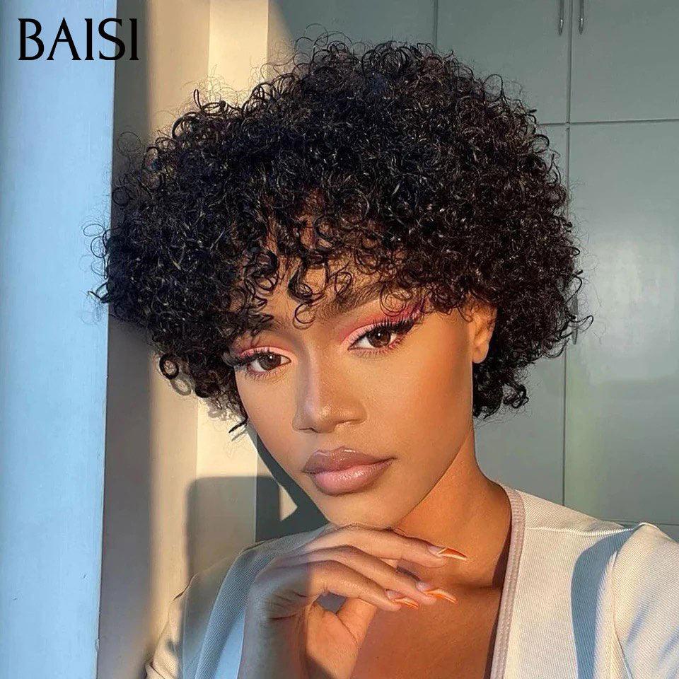 BAISI Achetez 1 + 1 Gratuite = 119€ sans Colle pixie curly wave et 13X4 Lisse 12 Pouces en 100% Cheveux Humains BS60
