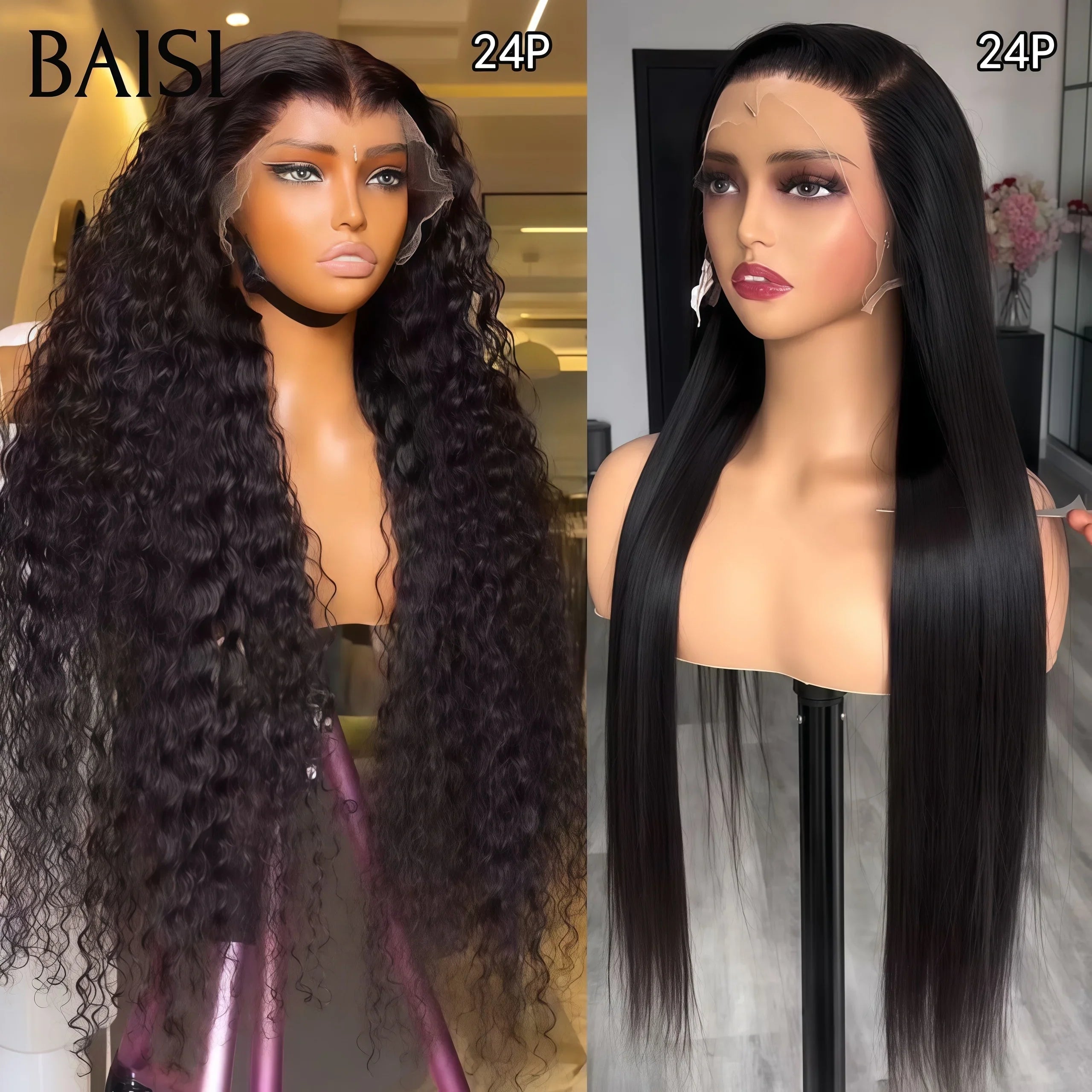 BAISI 2 Perruques pour revendre 199€ 13X4 curly wave et Lisse 20 et 24 pouces couleur NOIR 200% densité en 100% vrais cheveux humains