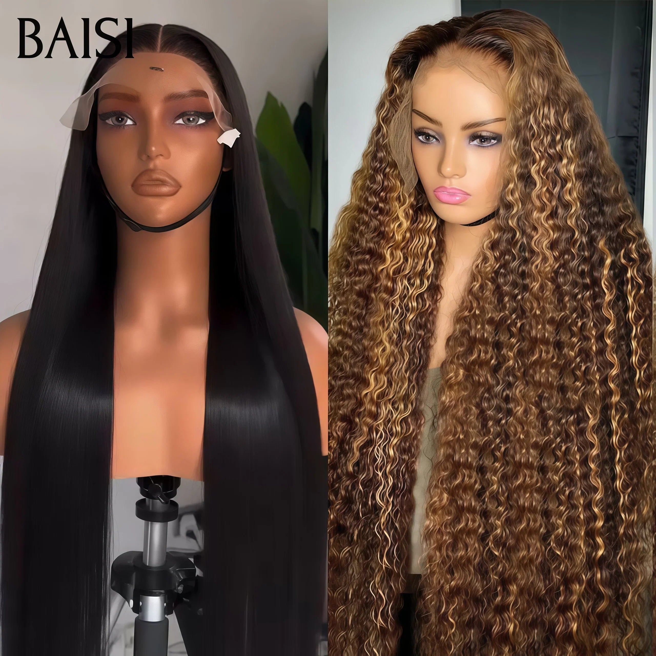 BAISI Achetez 1 + 1 Gratuite = 249€ 13X4 lace frontal curly en couleur Mixte et Lisse NOIR Perruque en 100% vrais cheveux humains